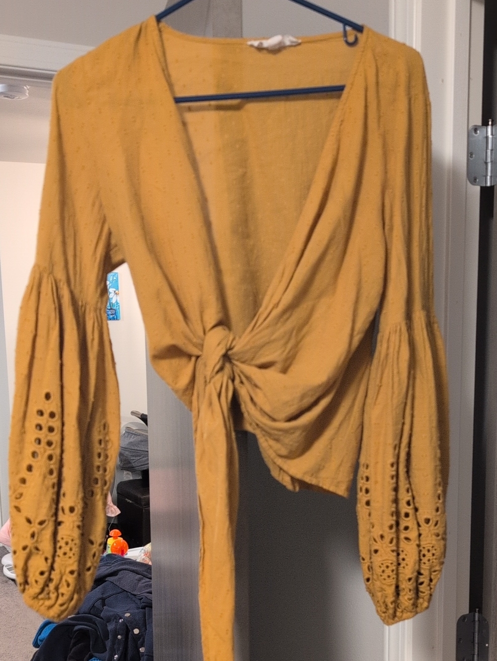 lovestitch Mustard Tie-Front Eyelet Sleeve Cardigan